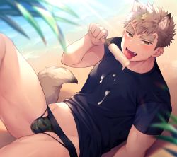 Rule 34 | 1boy, animal ears, bara, beach, black shirt, blush, brown eyes, bulge, camouflage, dog boy, dog ears, dog tail, food, food on clothes, forked eyebrows, groin, hao (haozz), jockstrap, knee up, licking, light brown hair, male focus, male underwear, melting, midriff peek, navel, original, popsicle, sand, sexually suggestive, shirt, short hair, solo, tail, thick eyebrows, thick thighs, thighs, toned, toned male, tongue, tongue out, underwear