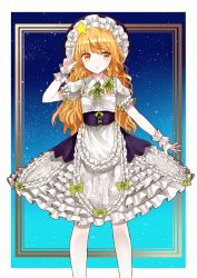 Rule 34 | 1girl, apron, black hat, blonde hair, bow, braid, dress, facing viewer, frilled apron, frilled dress, frills, gradient background, green bow, green ribbon, hair bow, hair ribbon, hat, kirisame marisa, layered dress, legs apart, long hair, looking to the side, night, night sky, outstretched arm, parted lips, puffy short sleeves, puffy sleeves, ribbon, sakizaki saki-p, short sleeves, side braid, sky, solo, spread fingers, touhou, tress ribbon, waist apron, wavy hair, wing collar, wrist cuffs, yellow eyes