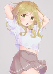 Rule 34 | 1girl, absurdres, arms behind head, blonde hair, file112056, green eyes, hair down, highres, inuyama aoi, long hair, looking at viewer, midriff, mouth hold, navel, pleated skirt, simple background, skirt, solo, thick eyebrows, yurucamp