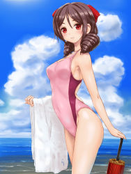 Rule 34 | 10s, 1girl, alternate costume, arched back, bare shoulders, beach, blue sky, blush, bow, breasts, brown hair, closed umbrella, cloud, cloudy sky, competition swimsuit, covered navel, day, drill hair, from side, hair between eyes, hair bow, harukaze (kancolle), highres, kantai collection, long hair, looking at viewer, medium breasts, ocean, oil-paper umbrella, one-piece swimsuit, outdoors, pink one-piece swimsuit, rasukaru, red bow, red eyes, sky, smile, solo, swimsuit, thighs, towel, twin drills, umbrella, water