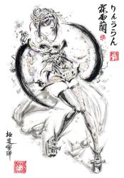 Rule 34 | 1girl, absurdres, bare shoulders, breasts, calligraphy brush (medium), chinese text, eyeshadow, full body, gloves, hair bun, hair ornament, hand up, highres, indie virtual youtuber, ink (medium), ink wash painting, japanese clothes, jidao huashi, kanzashi, kimono, leotard, looking at viewer, makeup, medium breasts, okobo, purple kimono, red eyeshadow, rin uran, sandals, seal impression, second-party source, short hair, smile, solo, spot color, thighhighs, traditional media, virtual youtuber, white background, wide sleeves, yellow eyes