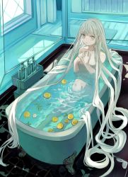 Rule 34 | 1girl, absurdly long hair, absurdres, bath, bathing, bathtub, blue theme, breasts, claw foot bathtub, collarbone, commentary, completely nude, food, fruit, grey eyes, grey hair, hands on own chest, highres, indoors, knee up, leaf, long hair, nude, original, parted lips, partially submerged, shampoo bottle, small breasts, solo, tile floor, tiles, tokiwata soul, very long hair, water censor, window, yuzu (fruit), yuzu bath
