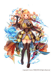 Rule 34 | 1girl, :d, absurdres, armor, armored dress, black footwear, black gloves, blonde hair, boots, breasts, cape, dual wielding, elbow gloves, flower, flower knight girl, full body, gloves, highres, holding, holding sword, holding weapon, hydrokinesis, jewelry, large breasts, looking at viewer, mg kurino, miniskirt, name connection, necklace, object namesake, official art, open mouth, orange cape, over shoulder, rapier, red eyes, short hair, skirt, smile, solo, sparaxis (flower knight girl), standing, sword, thigh boots, thighhighs, water, weapon, white background