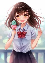 Rule 34 | 1girl, :d, bad id, bad pixiv id, black skirt, blush, bow, brown eyes, brown hair, collared shirt, commentary request, double scoop, dress shirt, fingernails, flower, food, grey shirt, hair between eyes, hair flower, hair ornament, hairclip, hands up, head tilt, holding, holding food, ice cream, ice cream cone, long hair, looking at viewer, nail polish, open mouth, original, pink flower, pink nails, pleated skirt, railing, red bow, round teeth, sakura hiyori, shirt, shirt tucked in, short sleeves, skirt, smile, solo, teeth, upper teeth only