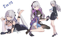 Rule 34 | 1girl, absurdres, bare shoulders, black gloves, breasts, bronya zaychik, bronya zaychik (silverwing: n-ex), character doll, closed mouth, commentary request, dress, full body, gloves, grey eyes, grey hair, hair between eyes, hair ornament, high heels, highres, honkai (series), honkai impact 3rd, huiyuanaideknight, long hair, looking at viewer, multiple views, official alternate costume, open mouth, sidelocks, simple background, single glove, sleeveless, sleeveless dress, standing, white background, white legwear