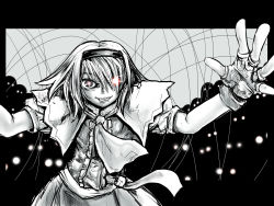 Rule 34 | 1girl, alice margatroid, female focus, glowing, glowing eyes, greyscale, grin, hairband, hellsing, highres, ledjoker07, monochrome, short hair, smile, solo, spot color, string, touhou