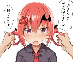 Rule 34 | &gt;:o, 10s, 1girl, :o, anger vein, annoyed, bat hair ornament, black shirt, blush, fang, gabriel dropout, grabbing another&#039;s hair, greatmosu, hair ornament, hair rings, holding, holding hair, looking at viewer, necktie, nose blush, open mouth, pov, pov hands, purple eyes, red hair, red necktie, satanichia kurumizawa mcdowell, shirt, solo focus, speech bubble, sweat, translated, upper body, v-shaped eyebrows