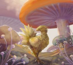 Rule 34 | animal, animal focus, chocobo, commentary, fantasy, final fantasy, highres, hill, mushroom, no humans, signature, simple background, standing, undersized animal, user spka2845, white background