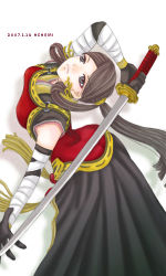 1girl armor asagiri_(castle_in_the_air) black_eyes brown_hair elbow_gloves female_focus gensou_suikoden gensou_suikoden_v gloves hazuki_(suikoden) katana long_hair looking_up lowres ponytail solo sword weapon white_background