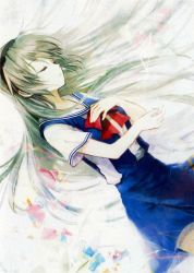 Rule 34 | 00s, 1girl, blue skirt, blue vest, bow, bowtie, clannad, closed eyes, green hair, hairband, hand on own chest, highres, long hair, lying, non-web source, on back, parted lips, red bow, red bowtie, rhe-rhe, ribbon, sailor, sakagami tomoyo, school uniform, shirt, short sleeves, silver hair, skirt, sleeping, solo, tomoyo after, vest, white shirt, yuhazu (rhe-rhe)