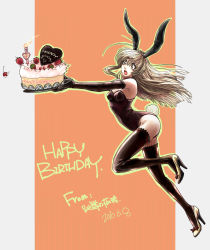 Rule 34 | absurdres, animal ears, birthday cake, blonde hair, brown eyes, cake, candle, elbow gloves, fake animal ears, food, gloves, high heels, highres, leotard, long hair, original, playboy bunny, rabbit ears, shoes, solo, thighhighs, waitlion