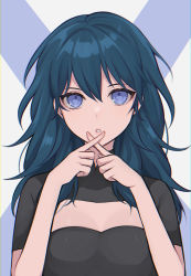 Rule 34 | 1girl, absurdres, banned artist, black shirt, blue eyes, blue hair, breasts, byleth (female) (fire emblem), byleth (fire emblem), cleavage, cleavage cutout, clothing cutout, commentary, commentary request, fire emblem, fire emblem: three houses, grey background, hair between eyes, hands up, highres, long hair, looking at viewer, nintendo, parted lips, shimizu akina, shirt, solo, upper body