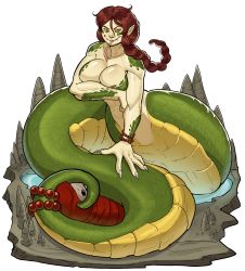 Rule 34 | 1girl, abs, absurdres, braid, breasts, brown hair, cee-haz, claws, cleavage, female focus, highres, lamia, large breasts, looking at viewer, monster girl, muscular, muscular female, pointy ears, scales, skull, solo, tail, tongue, tongue out, yellow eyes