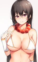 Rule 34 | 1girl, arm at side, bare shoulders, bead necklace, beads, bikini, black hair, borushichi, breasts, bridal gauntlets, cleavage, covered erect nipples, earrings, fate/grand order, fate (series), grey background, hair between eyes, hand up, highres, hoop earrings, jewelry, large breasts, long hair, looking at viewer, necklace, parted lips, prayer beads, purple eyes, shiny skin, sidelocks, simple background, smile, solo, straight hair, strap gap, strap lift, string bikini, swimsuit, upper body, white bikini, xuangzang sanzang (fate)