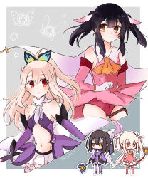 Rule 34 | 2girls, :o, ascot, bare shoulders, black hair, blonde hair, boots, border, butterfly hair ornament, cape, chibi, cosplay, cowboy shot, cross, dress, earrings, expressionless, fate/kaleid liner prisma illya, fate (series), feather hair ornament, feathers, full body, gloves, grey background, hair ornament, highres, holding, holding wand, illyasviel von einzbern, jewelry, long hair, magical ruby, magical sapphire, miyu edelfelt, multiple girls, navel, one side up, orange ascot, outside border, panties, pink dress, pink footwear, pink panties, pink sleeves, prisma illya, prisma illya (cosplay), prisma illya (sapphire version), purple sleeves, purple thighhighs, red eyes, saihara, sidelocks, sideways glance, thigh boots, thighhighs, twintails, underwear, wand, white border, white cape, white footwear, white gloves, yellow eyes