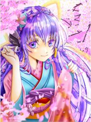 Rule 34 | 1girl, alternate costume, alternate eye color, alternate hair color, alternate hairstyle, aqua kimono, blue eyes, blurry, border, braid, cherry blossom print, cherry blossoms, closed mouth, colored eyelashes, commentary request, commission, crossed bangs, day, depth of field, eyebrows hidden by hair, eyelashes, falling petals, floral print, flower, hair between eyes, hair flower, hair ornament, hair ribbon, hands up, highres, hoshino yumemi, japanese clothes, kimono, lips, long hair, long ribbon, looking at viewer, open clothes, open kimono, outdoors, petals, pink flower, pink kimono, planetarian, purple hair, ribbon, robot ears, second-party source, sidelighting, signature, skeb commission, smile, solo, spring (season), twin braids, twitter username, upper body, very long hair, white border, yashiro huuma, yellow ribbon