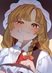 Rule 34 | 1girl, black hat, blonde hair, blush, braid, closed mouth, commentary request, from below, hand on own face, hat, highres, kirisame marisa, long hair, looking at viewer, niru 05, shirt, side braid, simple background, smile, smirk, solo, touhou, upper body, white background, white shirt, witch, witch hat, yellow eyes
