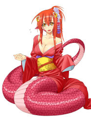 Rule 34 | 10s, 1girl, breasts, cleavage, fangs, flower, flying sweatdrops, hair flower, hair ornament, japanese clothes, kimono, lamia, long hair, looking at viewer, miia (monster musume), monster girl, monster musume no iru nichijou, official art, okayado, open clothes, open mouth, pointy ears, ponytail, simple background, slit pupils, solo, white background, yellow eyes