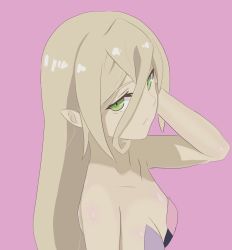 Rule 34 | 1girl, blonde hair, breasts, cleavage, green eyes, highres, long hair, looking at viewer, magilou (tales), mamold duck, pink background, pointy ears, simple background, solo, tales of (series), tales of berseria