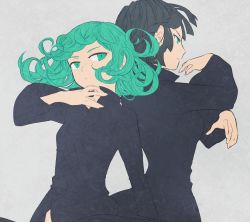 Rule 34 | 2girls, back-to-back, black dress, black hair, blue eyes, closed mouth, curly hair, dress, expressionless, fighting stance, fubuki (one-punch man), green eyes, green hair, multiple girls, one-punch man, siblings, simple background, sisters, tatsumaki