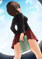 Rule 34 | 10s, 1girl, brown eyes, brown hair, covering privates, covering ass, diesel-turbo, from below, girls und panzer, hat, military, military uniform, nishizumi maho, short hair, solo, uniform