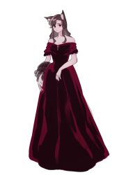 Rule 34 | 1girl, brown hair, closed mouth, dress, gown, highres, imaizumi kagerou, konoha217, long dress, long hair, looking at viewer, red dress, red eyes, red nails, sketch, solo, touhou, white background
