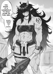 Rule 34 | 1girl, abs, absurdres, black hair, bracelet, breasts, chest sarashi, dual wielding, english text, greyscale, hair over eyes, highres, holding, holding mace, holding weapon, horns, jewelry, large breasts, long hair, mace, monochrome, muscular, muscular female, oni, original, outdoors, pelvic curtain, pointy ears, sarashi, shoulder tattoo, solo, speech bubble, speedl00ver, spiked mace, spikes, tattoo, very long hair, weapon