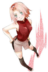 Rule 34 | 1girl, bare shoulders, bike shorts, black footwear, blush, boots, breasts, foreshortening, full body, green eyes, hands on own hips, haruno sakura, headband, headdress, hip focus, knee boots, looking at viewer, miniskirt, naruto (series), naruto shippuuden, pigeon-toed, pink hair, pink skirt, red shirt, rikoko, shadow, shirt, shoes, short hair, short shorts, shorts, shorts under skirt, side slit, simple background, skirt, sleeveless, sleeveless shirt, small breasts, smile, solo, spandex, standing, thigh strap, toeless footwear, white background, zipper