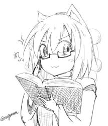 Rule 34 | &gt;:), 1girl, animal ears, blush stickers, book, glasses, greyscale, hair between eyes, hat, holding, holding book, inubashiri momiji, looking at viewer, lowres, monochrome, pom pom (clothes), sparkle, taurine 8000mg, tokin hat, touhou, translation request, twitter username, v-shaped eyebrows, wide sleeves, wolf ears