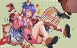 Rule 34 | 1girl, artist name, black thighhighs, blue eyes, blue hair, blush, boots, breasts, brown footwear, cat, cheese, collarbone, company name, controller, food, game controller, hamster wheel, high heel boots, high heels, highres, long hair, looking at viewer, medium breasts, mouse (animal), open mouth, original, pink sweater, single thighhigh, smile, solo, sweater, thighhighs, torn clothes, torn thighhighs, vofan