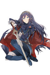 Rule 34 | 1girl, armor, belt, belt buckle, blue cape, blue eyes, blue gloves, blue hair, breastplate, buckle, cape, closed mouth, commentary request, falchion (fire emblem), fingerless gloves, fire emblem, fire emblem awakening, floating hair, gloves, hair between eyes, highres, holding, holding sword, holding weapon, long hair, long sleeves, looking at viewer, lucina (fire emblem), multicolored cape, multicolored clothes, neee-t, nintendo, red cape, shoulder armor, simple background, smile, solo, sword, tiara, weapon, white background