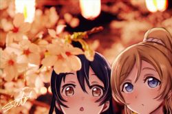 Rule 34 | 2girls, ayase eli, blonde hair, blue eyes, blue hair, blush, cherry blossoms, close-up, commentary request, flower, hair between eyes, highres, long hair, love live!, love live! school idol project, multiple girls, open mouth, ponytail, signature, sonoda umi, suito, yellow eyes