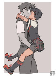 Rule 34 | 1boy, 1girl, ac120, age difference, arms around neck, belt, black belt, black footwear, black hair, black skirt, black socks, black sweater vest, blush, border, breasts, carrying, carrying person, casual, closed eyes, collared shirt, colored skin, cowboy shot, cropped legs, dated, dress shirt, french kiss, from side, full body, glasses, gloves, grey background, grey gloves, grey hair, grey pants, grey skin, grey vest, hair ornament, hairclip, hands on another&#039;s leg, height difference, hetero, hug, kiss, marvel, opaque glasses, outside border, pants, peni parker, plaid, plaid skirt, pleated skirt, round eyewear, school uniform, shirt, shoes, short hair, short sleeves, simple background, skirt, small breasts, sneakers, socks, spider-man: across the spider-verse, spider-man (series), spider-man noir, spider-verse, standing, straddling, suspenders, sweater vest, vest, white border, white shirt