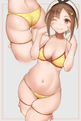 Rule 34 | 1girl, ;), absurdres, ass, atelier (series), atelier ryza, atelier ryza 1, bare arms, bare shoulders, bikini, breasts, brown eyes, brown hair, cleavage, closed mouth, collarbone, cowboy shot, cropped legs, fang, fingers to cheeks, from behind, gatchan, hair ornament, hairclip, has bad revision, has downscaled revision, highres, large breasts, looking at viewer, lower body, md5 mismatch, multiple views, navel, one eye closed, reisalin stout, resolution mismatch, shiny skin, short hair, sidelocks, skin fang, skindentation, smile, source smaller, stomach, swimsuit, tareme, thigh gap, thigh strap, thighs, vocaloid, white headwear, yellow bikini