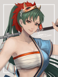 Rule 34 | 1girl, bandages, bandeau, bare shoulders, blue shirt, breasts, chest sarashi, cleavage, cm lynarc, collarbone, commentary, earrings, english commentary, female focus, fire emblem, fire emblem: the blazing blade, fire emblem heroes, green eyes, green hair, grey background, grin, highres, holding, jewelry, large breasts, long hair, looking at viewer, lyn (fire emblem), mask, mask on head, matching hair/eyes, midriff, nintendo, official alternate costume, ponytail, sarashi, shirt, signature, single-shoulder shirt, single bare shoulder, single sleeve, smile, solo, strapless, tube top, upper body