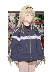 Rule 34 | 1girl, adidas, an-94 (girls&#039; frontline), blonde hair, blurry, blurry background, blush, earphones, girls&#039; frontline, graffiti, green eyes, hair tubes, hairband, highres, huqu, jacket, long hair, looking at viewer, short shorts, shorts, sleeves past wrists, solo, track jacket