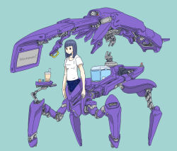 1girl black_eyes bubble_tea cooler cyborg full_body grey_hair highres mecha nakasu_e nintendo original robot shirt short_sleeves simple_background solo white_shirt