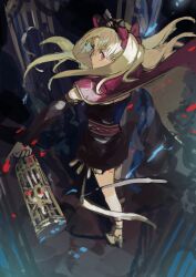 Rule 34 | 1girl, birdcage, black dress, blonde hair, cage, cape, closed mouth, commentary, detached sleeves, dress, ereshkigal (fate), fate/grand order, fate (series), floating hair, from above, from behind, gold trim, hair ribbon, highres, holding, holding cage, long hair, looking at viewer, parted bangs, red cape, red eyes, red ribbon, ribbon, solo, tiara, two side up, yorurokujuu