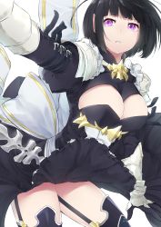 Rule 34 | 1girl, arm belt, armor, armored dress, black dress, black hair, black thighhighs, breasts, cleavage cutout, clothes lift, clothing cutout, cotton kanzaki, dress, dress lift, erika (shadowverse), garter straps, gauntlets, highres, large breasts, long sleeves, outstretched arm, parted lips, puffy long sleeves, puffy sleeves, purple eyes, shadowverse, short hair, solo, thighhighs, wind, wind lift