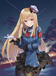 Rule 34 | 1girl, armband, black pantyhose, blonde hair, blue eyes, blush, breasts, buttons, commentary request, cowboy shot, double-breasted, fate/grand order, fate (series), flower, gloves, hair ornament, hat, heterochromia, highres, jacket, long hair, long sleeves, looking at viewer, night, outdoors, pantyhose, red armband, red eyes, reines el-melloi archisorte, skirt, sky, smile, solo, star (sky), starry sky, uha, water