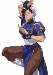 Rule 34 | 1girl, arm up, asymmetrical bangs, asymmetrical hair, atie1225, blue dress, boots, bracelet, breasts, brown eyes, brown hair, brown pantyhose, bun cover, capcom, china dress, chinese clothes, chun-li, closed mouth, commentary, cross-laced footwear, double bun, dress, earrings, expressionless, fighting stance, fishnet pantyhose, fishnets, foot out of frame, hair between eyes, hair bun, hair pulled back, jewelry, large breasts, looking at viewer, pantyhose, pelvic curtain, puffy short sleeves, puffy sleeves, sash, short hair, short sleeves, side slit, simple background, solo, spiked bracelet, spikes, standing, standing on one leg, street fighter, white background, white footwear, white sash