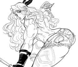Rule 34 | 1girl, amazon (dragon&#039;s crown), ass, bad id, bare shoulders, bb (baalbuddy), bent over, blush, butt crack, commentary, curly hair, dragon&#039;s crown, english commentary, feather hair ornament, feathers, from side, goblin, greyscale, hair ornament, headband, highres, holding, holding weapon, inactive account, long hair, looking at viewer, monochrome, muscular, muscular female, parted lips, short shorts, shorts, simple background, solo, solo focus, sweatdrop, tattoo, vanillaware, weapon, white background