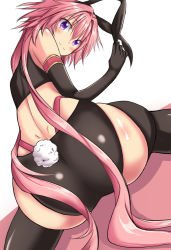 Rule 34 | 1boy, animal ears, ass, astolfo (fate), astolfo (saber) (fate), blush, buuny tail, elbow gloves, fake animal ears, fate/grand order, fate (series), gloves, huge ass, leotard, long hair, looking at viewer, looking back, low twintails, pink hair, playboy bunny, purple eyes, rabbit ears, sabotenland, shiny clothes, shiny skin, sitting, smile, solo, tail, thighhighs, trap, twintails, very long hair, wariza