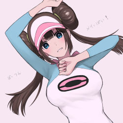 Rule 34 | 1girl, absurdres, arm up, blue eyes, blush, bow, breasts, brown hair, clenched hands, commentary request, creatures (company), double bun, game freak, hair bun, hair tie, highres, long hair, looking at viewer, nintendo, nishikino kee, parted lips, pink bow, pokemon, pokemon bw2, raglan sleeves, rosa (pokemon), shirt, sidelocks, solo, translation request, twintails, upper body, visor cap