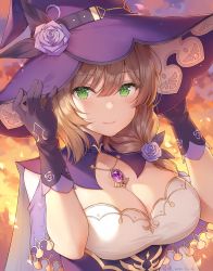 Rule 34 | 1girl, ayuanlv, black gloves, breasts, brooch, brown hair, cape, cleavage, dress, flower, genshin impact, gloves, gold trim, green eyes, hair flower, hair ornament, hands up, hat, highres, jewelry, large breasts, lisa (genshin impact), long hair, looking at viewer, purple dress, purple flower, purple hat, purple rose, rose, smile, solo, upper body, witch hat