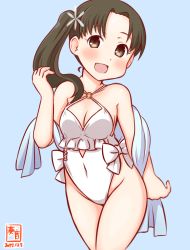 Rule 34 | 1girl, alternate costume, artist logo, ayanami (kancolle), blue background, blush, breasts, brown eyes, brown hair, casual one-piece swimsuit, choker, cosplay, covered navel, cowboy shot, dated, frilled one-piece swimsuit, frilled swimsuit, frills, hair ornament, highleg, highleg swimsuit, kanon (kurogane knights), kantai collection, long hair, one-hour drawing challenge, one-piece swimsuit, open mouth, sagiri (kancolle), sagiri (kancolle) (cosplay), shawl, side ponytail, simple background, small breasts, solo, swimsuit, white choker, white one-piece swimsuit
