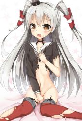 Rule 34 | 10s, 1girl, amatsukaze (kancolle), bad id, bad pixiv id, bed sheet, black shirt, bottomless, breasts, brown eyes, collar, collarbone, hair ornament, kantai collection, long hair, looking at viewer, navel, open mouth, red thighhighs, rong yi tan, shirt, silver hair, sitting, small breasts, solo, thighhighs, torn clothes, torn shirt, torn thighhighs, underboob