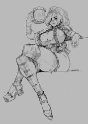 Rule 34 | 1girl, absurdres, armor, artist name, barbarian, breasts, cleavage, cleavage cutout, clogs, clothing cutout, collar, dagger, earrings, fantasy, greyscale, hair over one eye, highres, huge breasts, impforhire, jewelry, knife, crossed legs, long hair, monochrome, original, over-kneehighs, pauldrons, ponytail, ring, shoulder armor, sitting, sketch, solo, spikes, tankard, thick eyebrows, thighhighs, weapon, wedding band