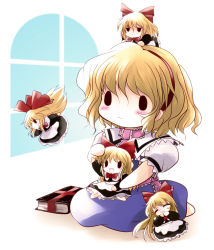 Rule 34 | 1girl, :&lt;, :3, = =, alice margatroid, blonde hair, book, capelet, chibi, closed eyes, doll, female focus, hairband, highres, jitome, long hair, open mouth, shanghai doll, short hair, simple background, solo, touhou, window, yume shokunin