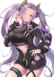 Rule 34 | 1girl, badge, black jacket, black shirt, bow, breasts, brown horns, button badge, cleavage, cosplay, crop top, cross-laced clothes, cross-laced sleeves, demon girl, demon horns, demon tail, full-length zipper, grin, heart, heart print, honey strap, horns, jacket, jewelry, kojo anna, kojo anna (1st costume), kojo anna (cosplay), large breasts, long bangs, long hair, long sleeves, looking at viewer, mole, mole under mouth, nanashi inc., navel, one eye closed, open clothes, open jacket, parted bangs, pointy ears, purple eyes, purple hair, purple ribbon, ribbon, ring, rush (rush65336816), russian text, saionji mary, see-through, see-through cleavage, shirt, simple background, sleeveless, sleeveless shirt, smile, solo, sugar lyric, tail, thigh strap, twintails, very long hair, virtual youtuber, w, white background, zipper